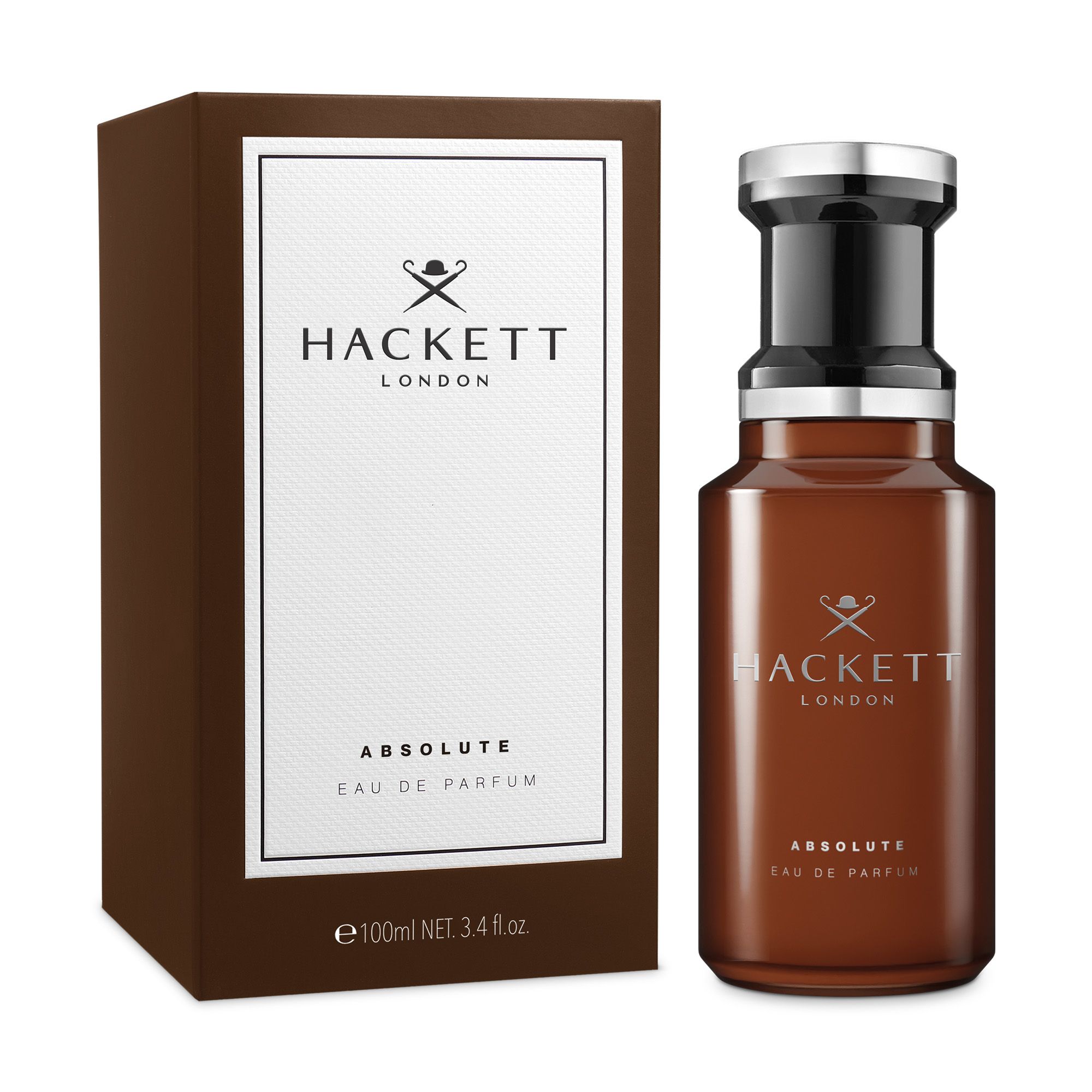 Braune Flasche und Verpackung. Aufschrift: Hackett London, Absolute Eau de Parfum. Silberner Verschluss.