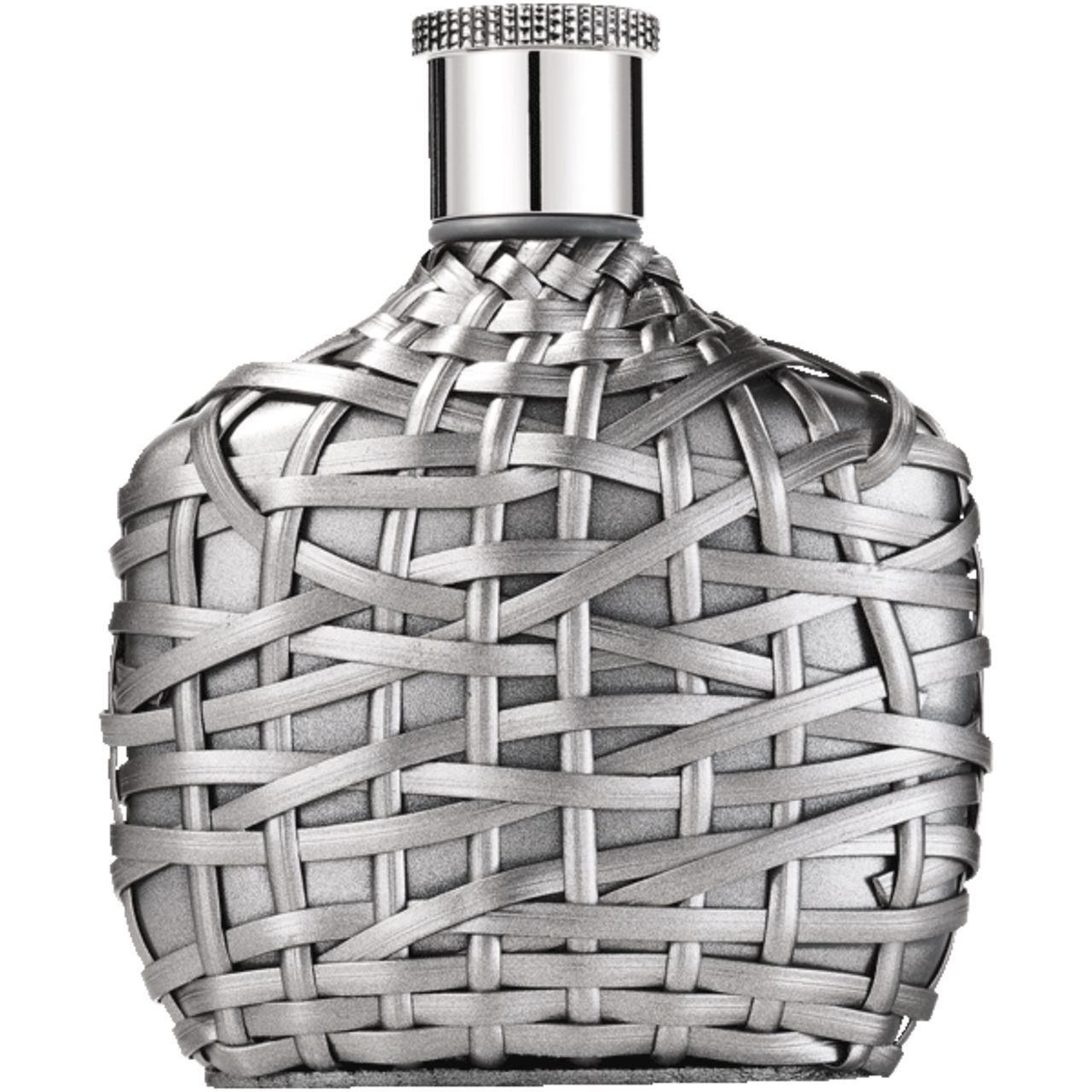John Varvatos XX Artisan Eau de Toilette Flakon mit silbernem, geflochtenem Design und silbernem Verschluss.