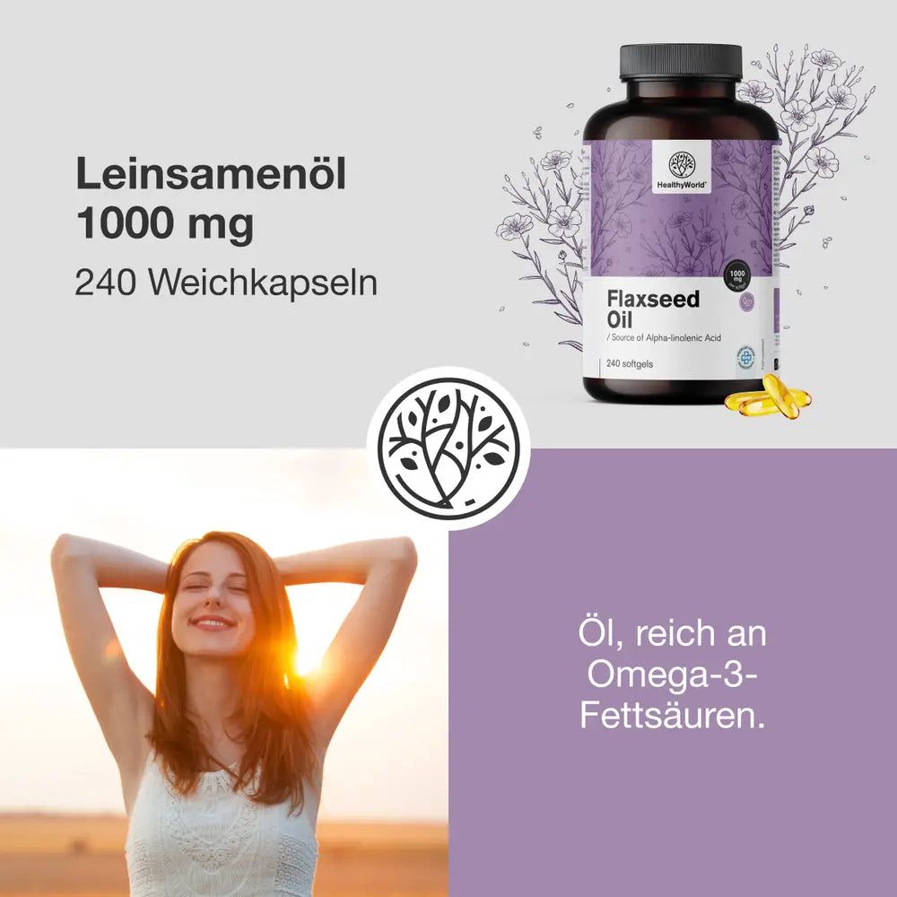 Collage: Flasche Leinsamenöl, Frau im Sonnenlicht, Logo, Text.