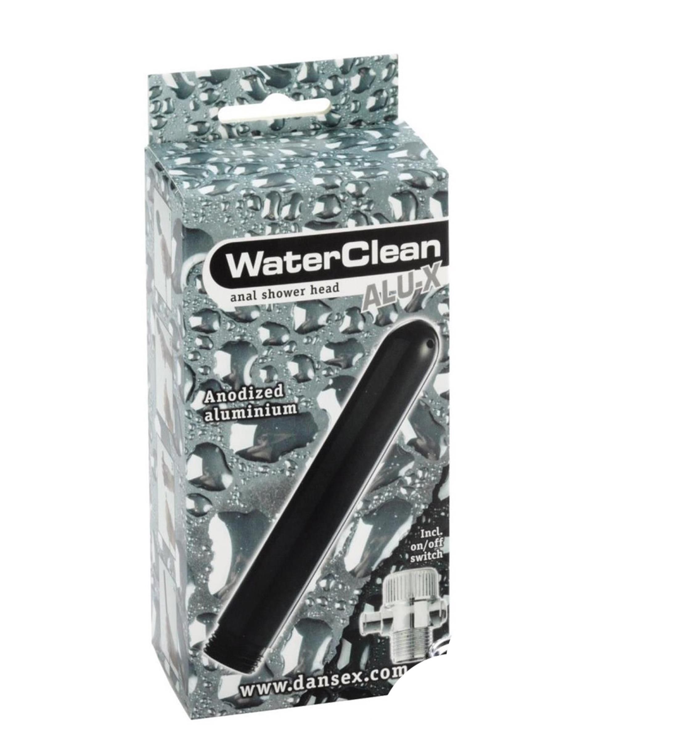 Schwarzer Duschkopf im Karton. Aufschrift: WaterClean, Alu-X, eloxiertes Aluminium. Inkl. Ein/Aus-Schalter. www.dansex.com.