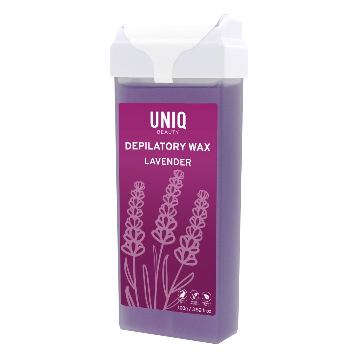 Lila Depilationswachs in einer Kassette mit Lavendelmotiv und der Aufschrift 'UNIQ BEAUTY DEPILATORY WAX LAVENDER'. 100g.