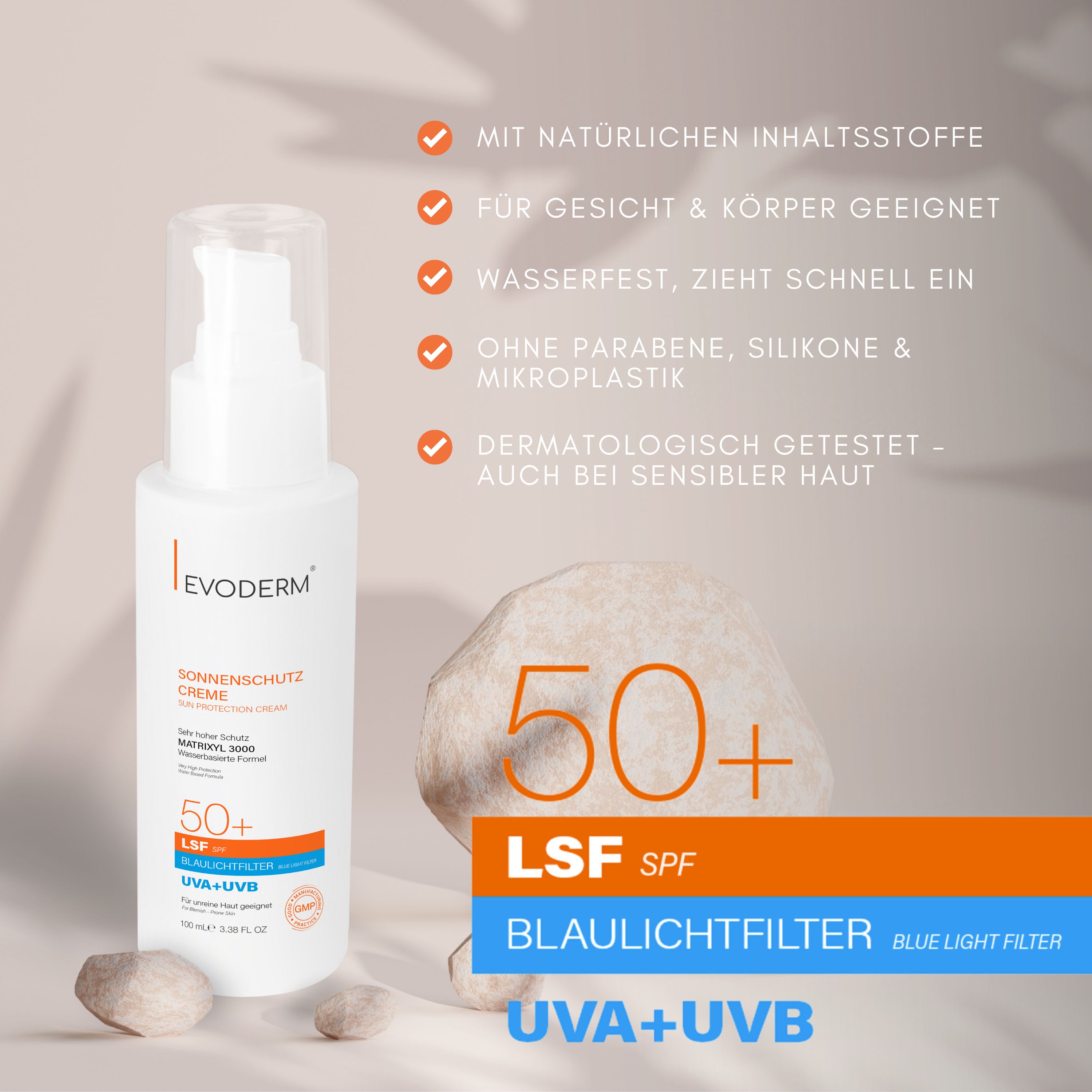 Sonnencreme-Flasche, LSF 50+, UVA+UVB, Blaulichtfilter. Geeignet für Gesicht und Körper.