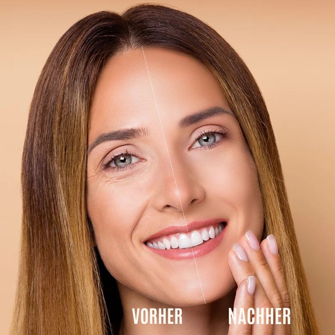 Vorher-Nachher-Vergleich. Frau mit Falten, dann glatte Haut. Text: Vorher, Nachher.