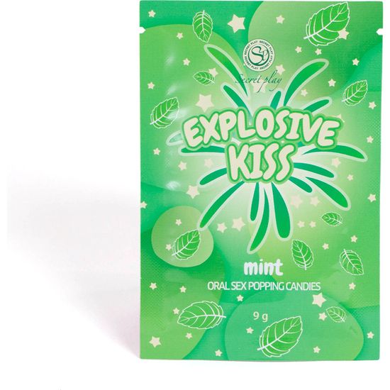 Grüne Verpackung mit "Explosive Kiss"-Schriftzug. Enthält "mint" und "Oral Sex Popping Candies". 9g.