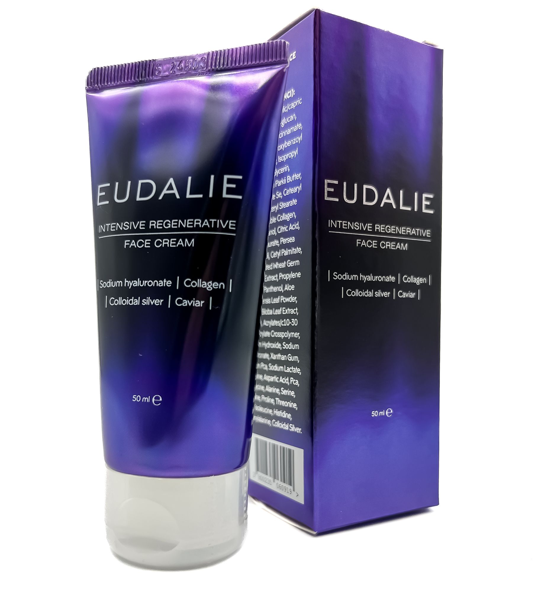 Lila Tube und Schachtel mit Produktnamen EUDALIE. Aufschrift: Intensive Regenerative Face Cream. Inhaltsstoffe: Hyaluronat, Kollagen, Silber, Kaviar.