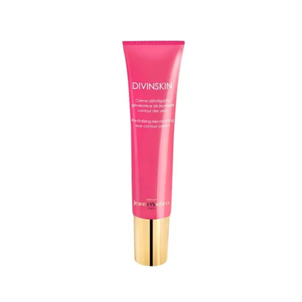 Rosa Tube mit goldener Kappe. Aufschrift: Divinskin, Crème défatigante contour des yeux. Marke: Jeanne Piaubert.