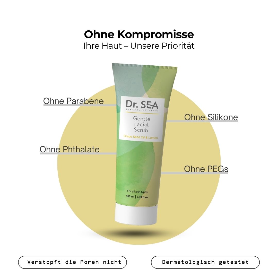 Tube mit Gesichtspeeling. Text: Ohne Kompromisse. Ohne Parabene, Silikone, Phthalate, PEG. Dermatologisch getestet.
