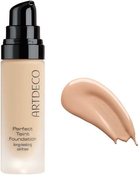Artdeco Perfect Teint Foundation. Flasche mit Pumpe und Farbprobe. Aufschrift: Perfect Teint Foundation, long-lasting oil-free.