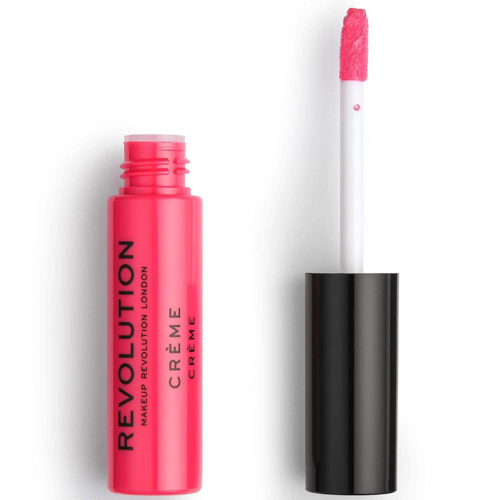 Pinkfarbener Creme-Lippenstift von Makeup Revolution. Flasche und Applikator sind sichtbar. Aufschrift: REVOLUTION, CRÈME.