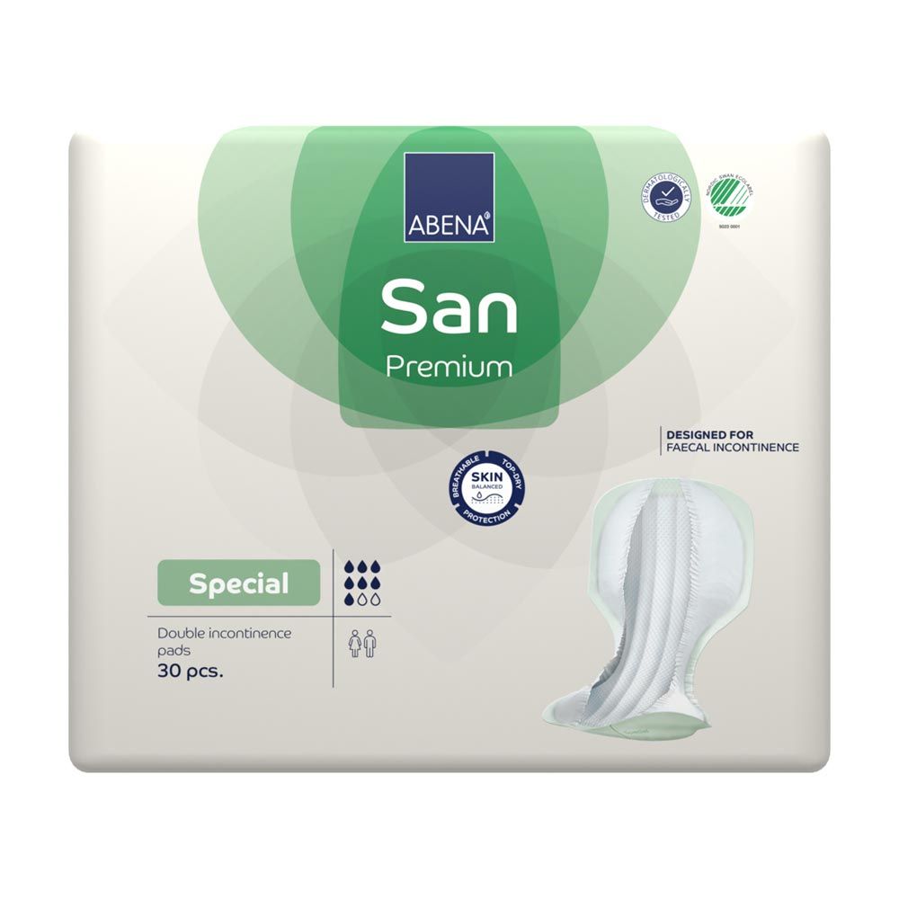 Verpackung mit Inkontinenzeinlagen. Aufschrift: Abena San Premium Special. 30 Stück. Mit Zertifizierungen und Piktogrammen.
