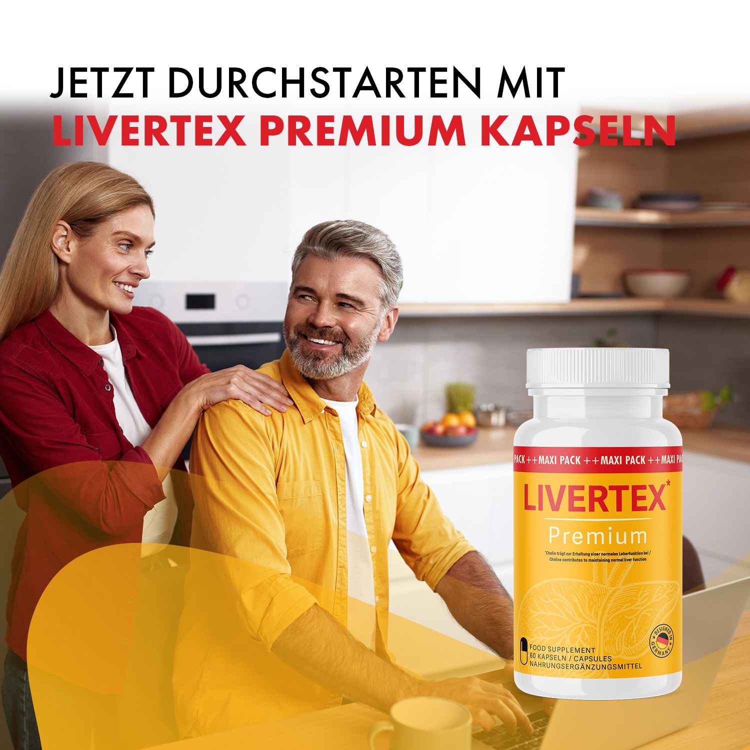 Paar am Laptop, daneben Flasche Livertex Premium. Text: Jetzt durchstarten mit Livertex Premium Kapseln.