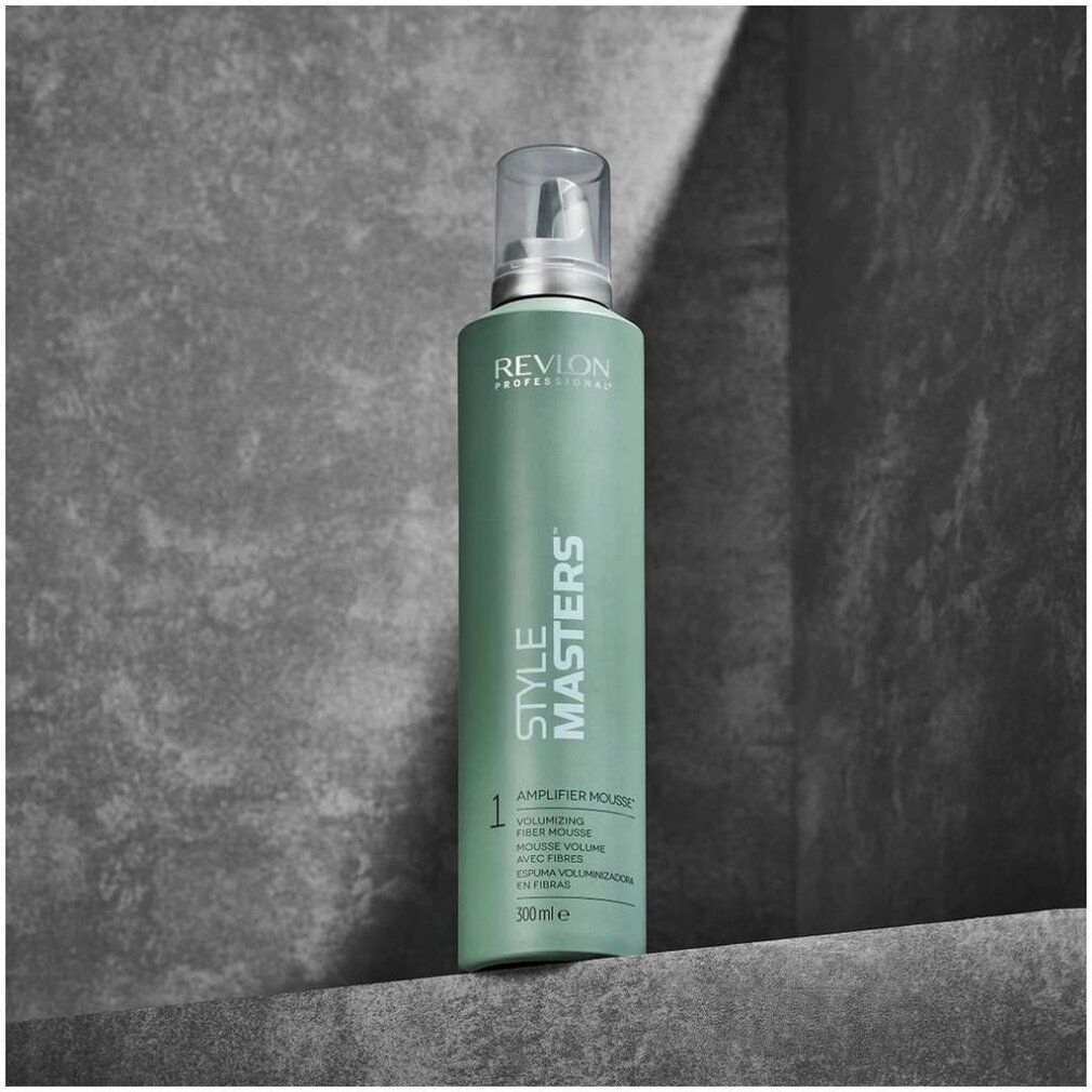 Grüne Flasche mit Sprühkopf. Aufschrift: Revlon Professional, Style Masters, Amplifier Mousse. Volumenangabe: 300ml.