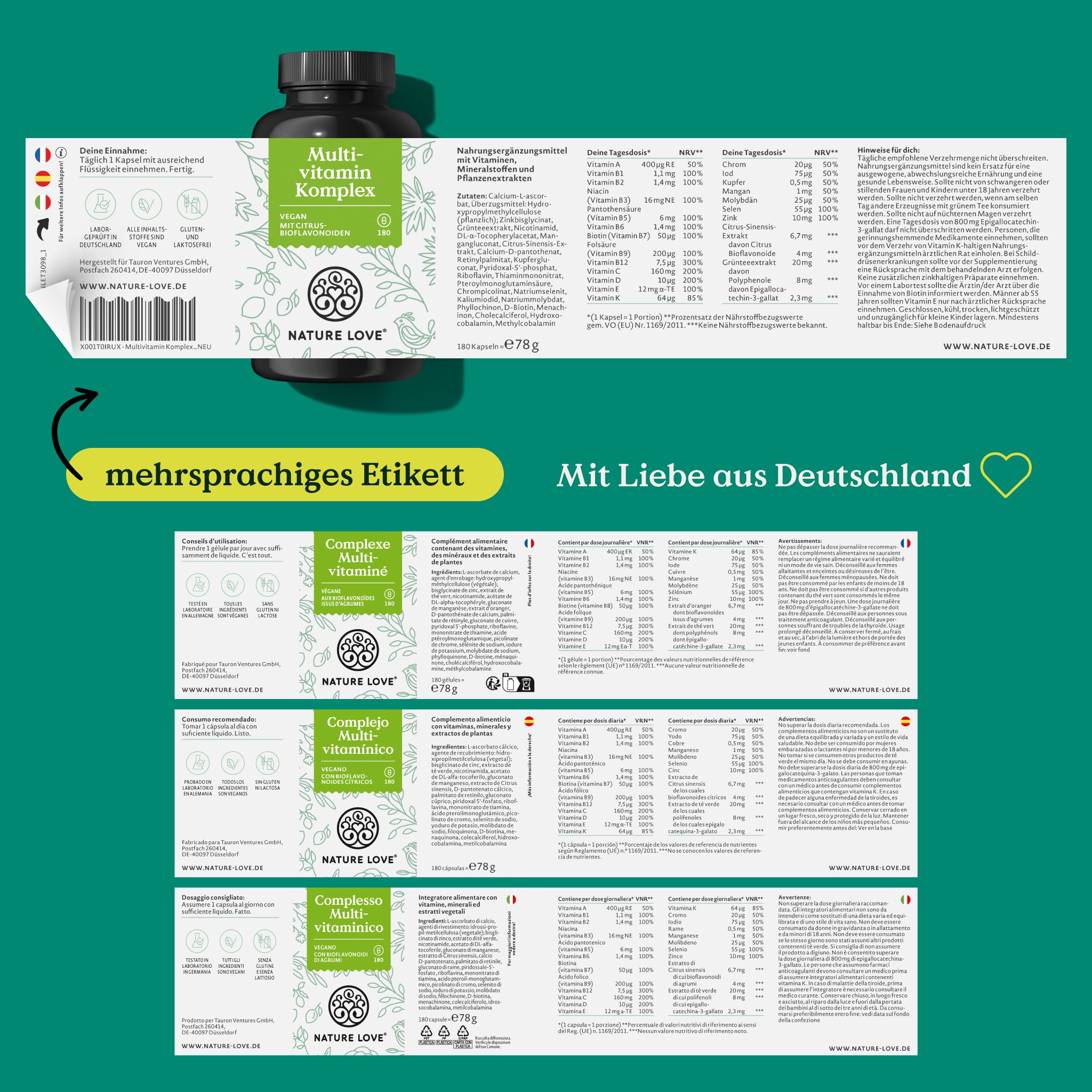 Etikett einer Flasche mit Produktinformationen. Mehrsprachiges Etikett. Text: Multi-vitamin Komplex. Mit Liebe aus Deutschland. Marke: NATURE LOVE®.
