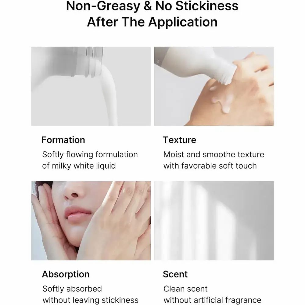 Vier Bilder zeigen die Anwendung des Produkts. Text: Non-Greasy & No Stickiness After The Application.