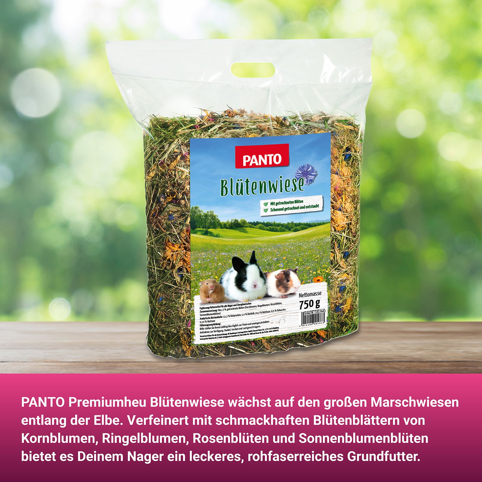 PANTO Blütenwiese in transparenter Verpackung. Produktname, Illustration und Gewichtsangabe. Text über das Produkt.