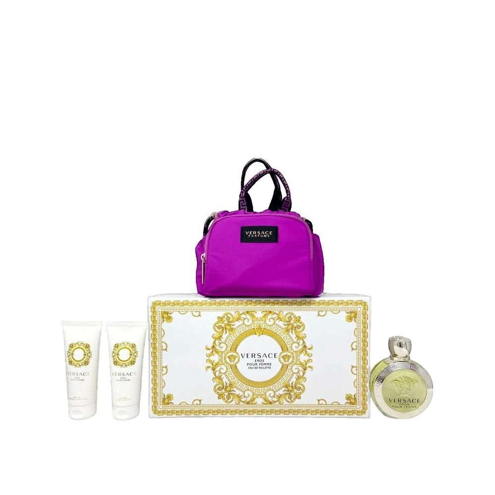 Geschenkset mit Kosmetiktasche, zwei Cremes, Parfumflakon und Verpackung. Die Tasche ist pink mit schwarzen Henkeln. Auf der Verpackung steht Versace.