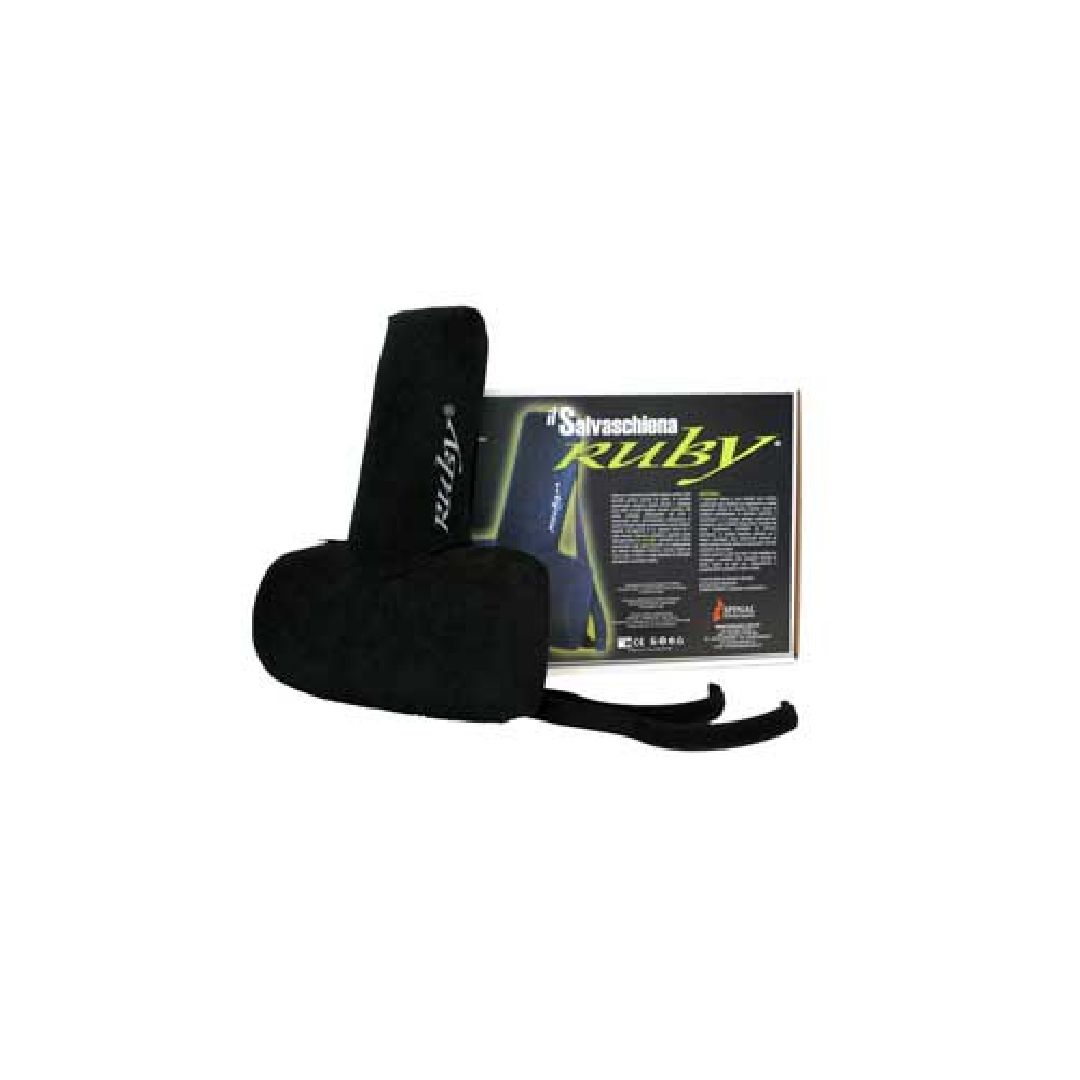Schwarzes ergonomisches Lordosekissen mit Produktverpackung. Aufschrift "Ruby".