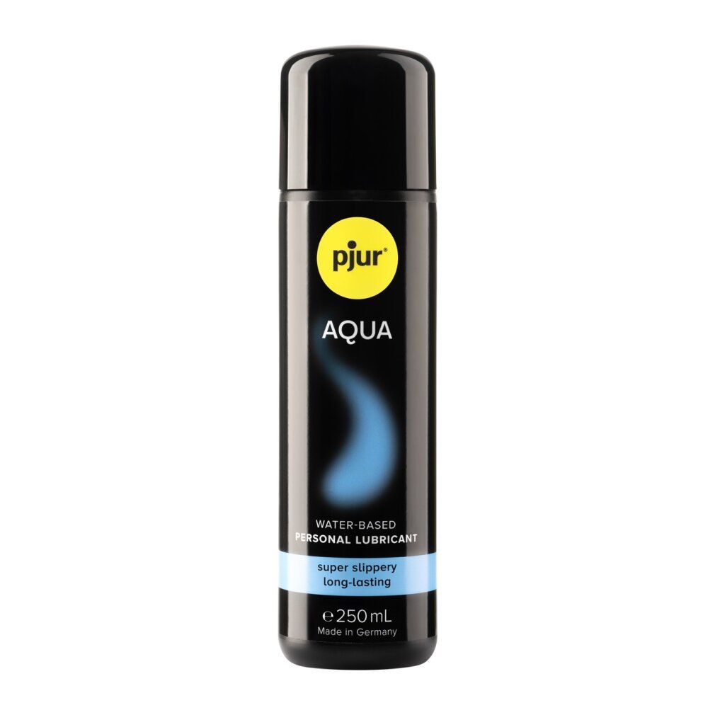 Schwarze Flasche mit schwarzem Deckel. Aufschrift: pjur Aqua, Wasserbasiertes Gleitmittel, super rutschig, langanhaltend. 250ml.