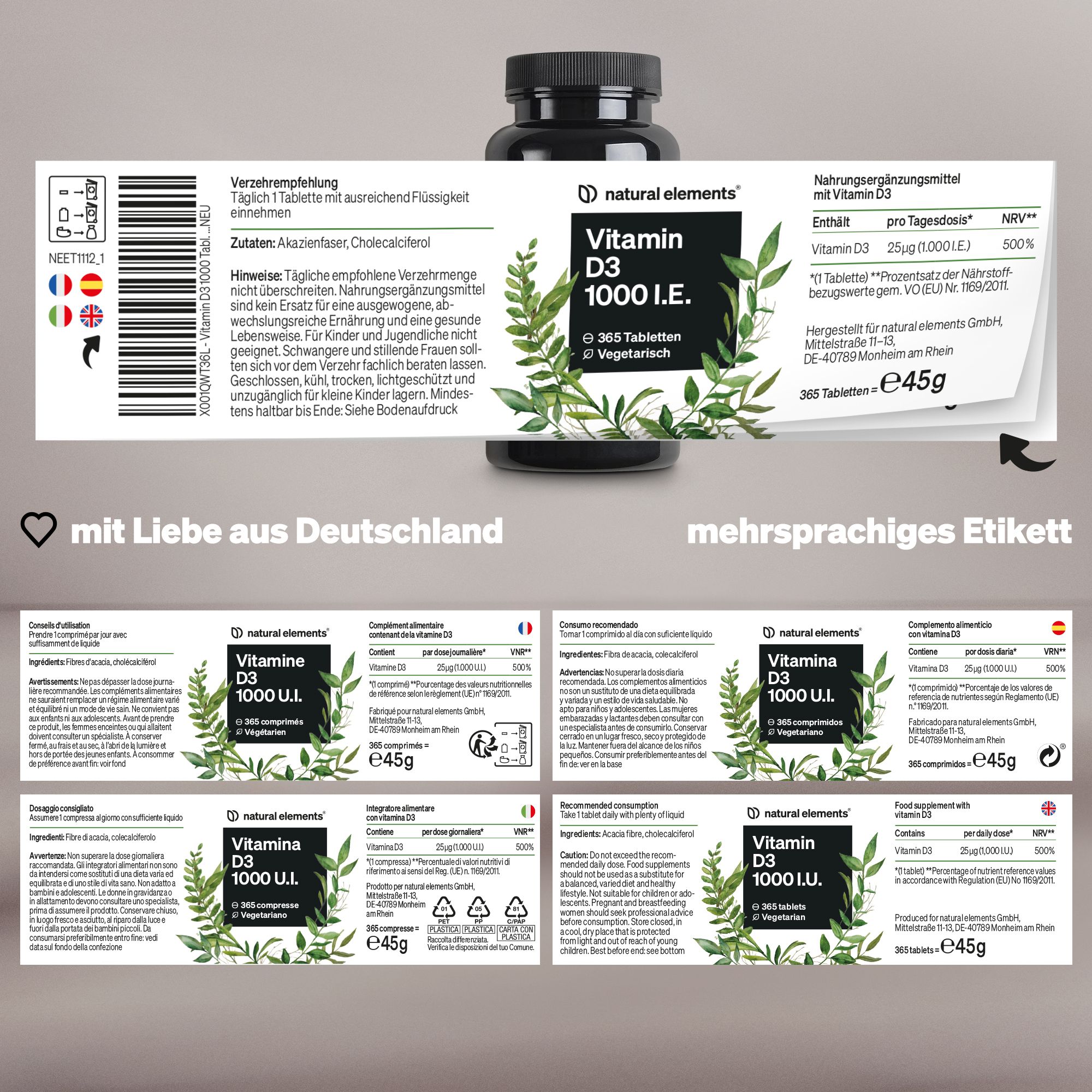 Produktetikett mit mehrsprachigen Informationen. Enthält Angaben zu Inhaltsstoffen, Dosierung und Nährwerten. Flasche mit Vitamin D3.