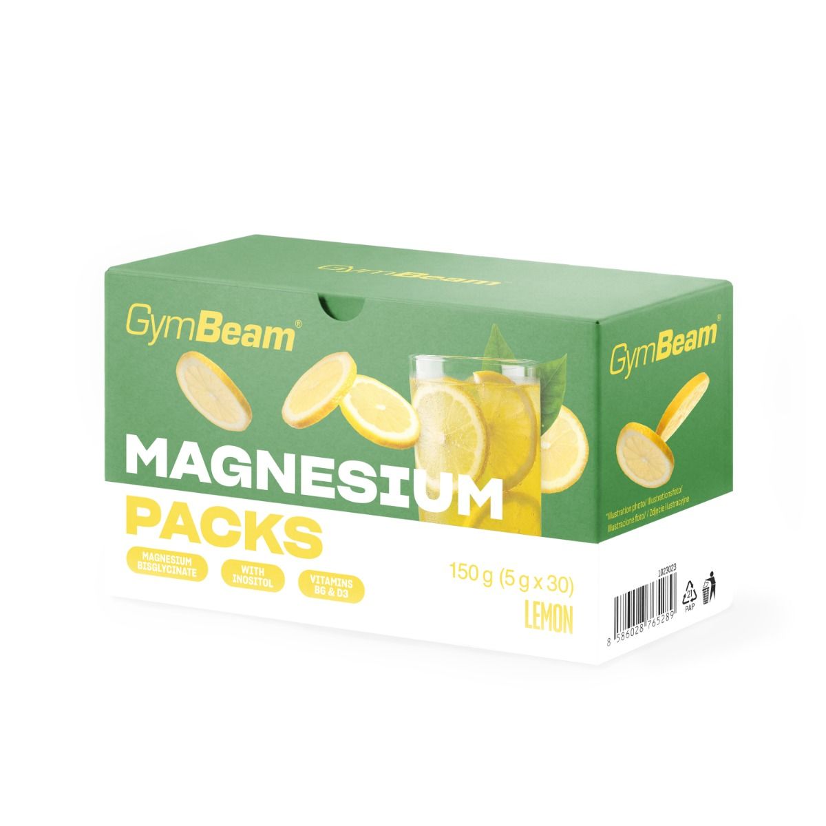 Grüne Packung GymBeam Magnesium Packs Zitrone, 150g (5g x 30). Mit Zitronenscheiben und einem Glas Getränk.