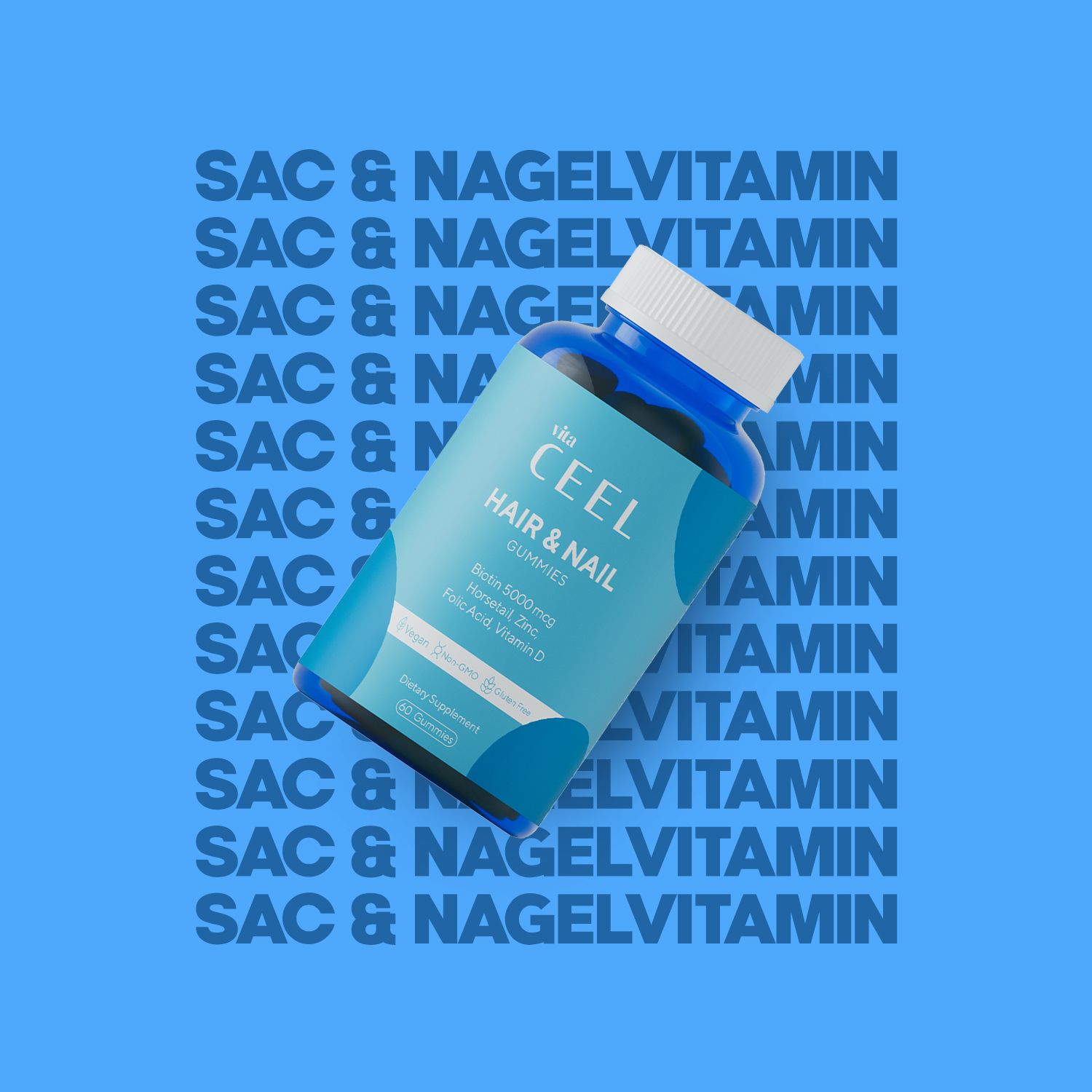 VİTA CEEL Hair & Nail Gummies Flasche auf blauem Hintergrund mit sich wiederholendem Text.