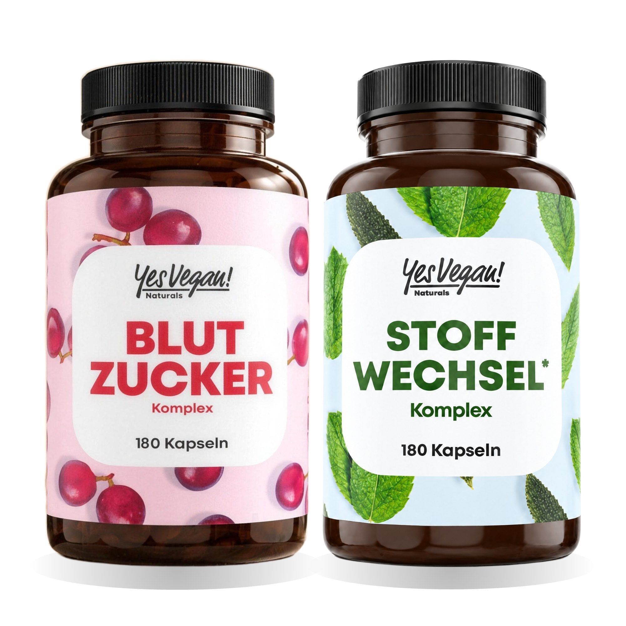 Zwei Flaschen Nahrungsergänzungsmittel: Blutzucker Komplex und Stoffwechsel Komplex.