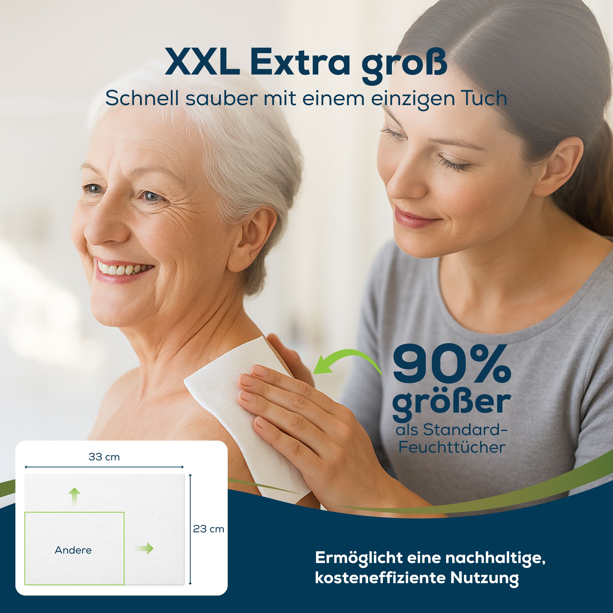 Feuchttuch, rechteckig, wird von einer Person verwendet. Text: XXL Extra groß, 90% größer als Standard-Feuchttücher.