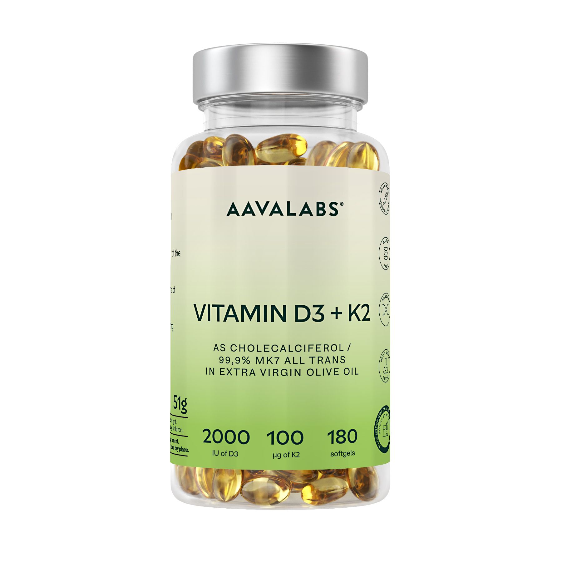 Kapselglas mit Kapseln. Aufschrift: AAVALABS, Vitamin D3 + K2. 2000 IE D3, 100 µg K2, 180 Softgels.