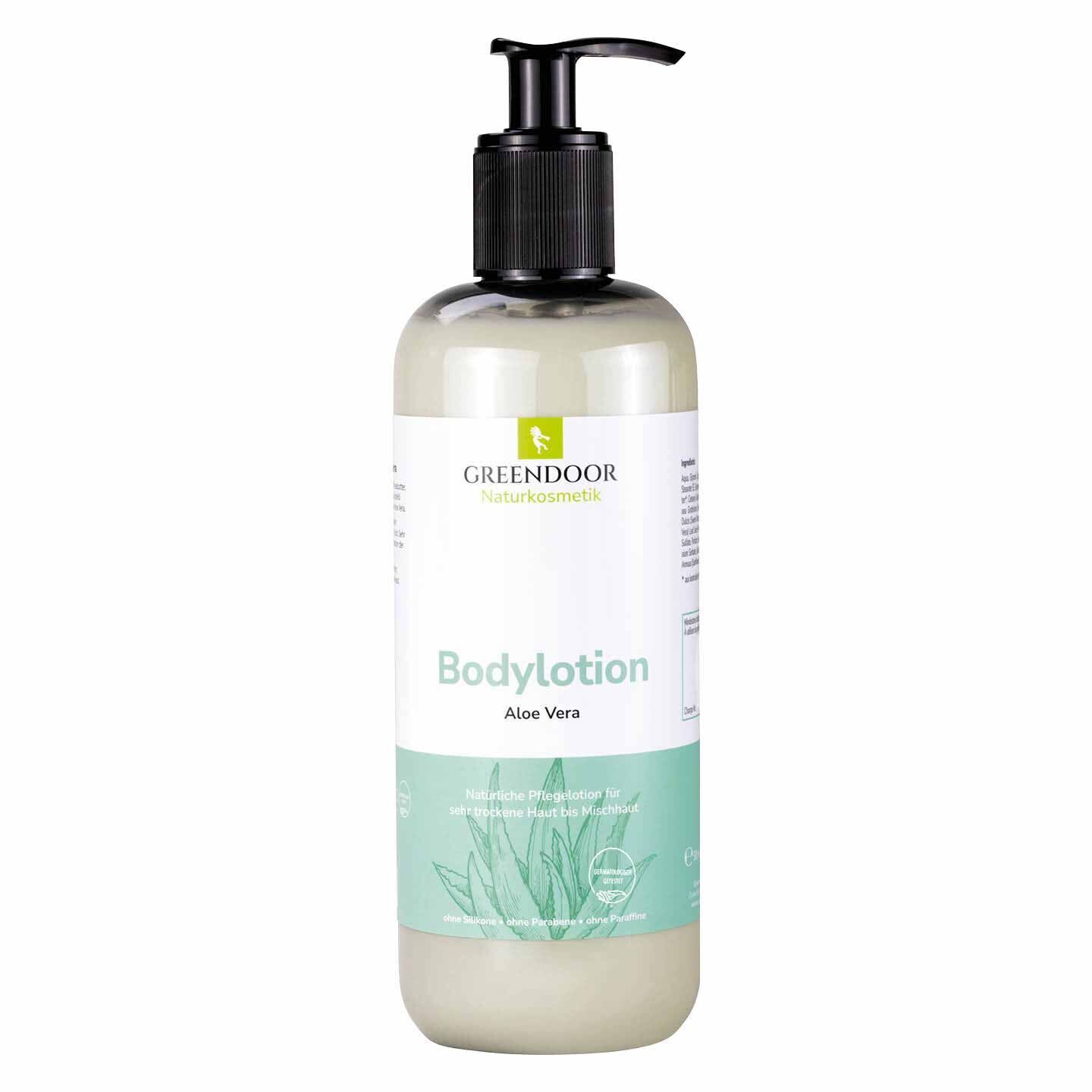 GREENDOOR Bodylotion mit Aloe Vera in einem Pumpspender.