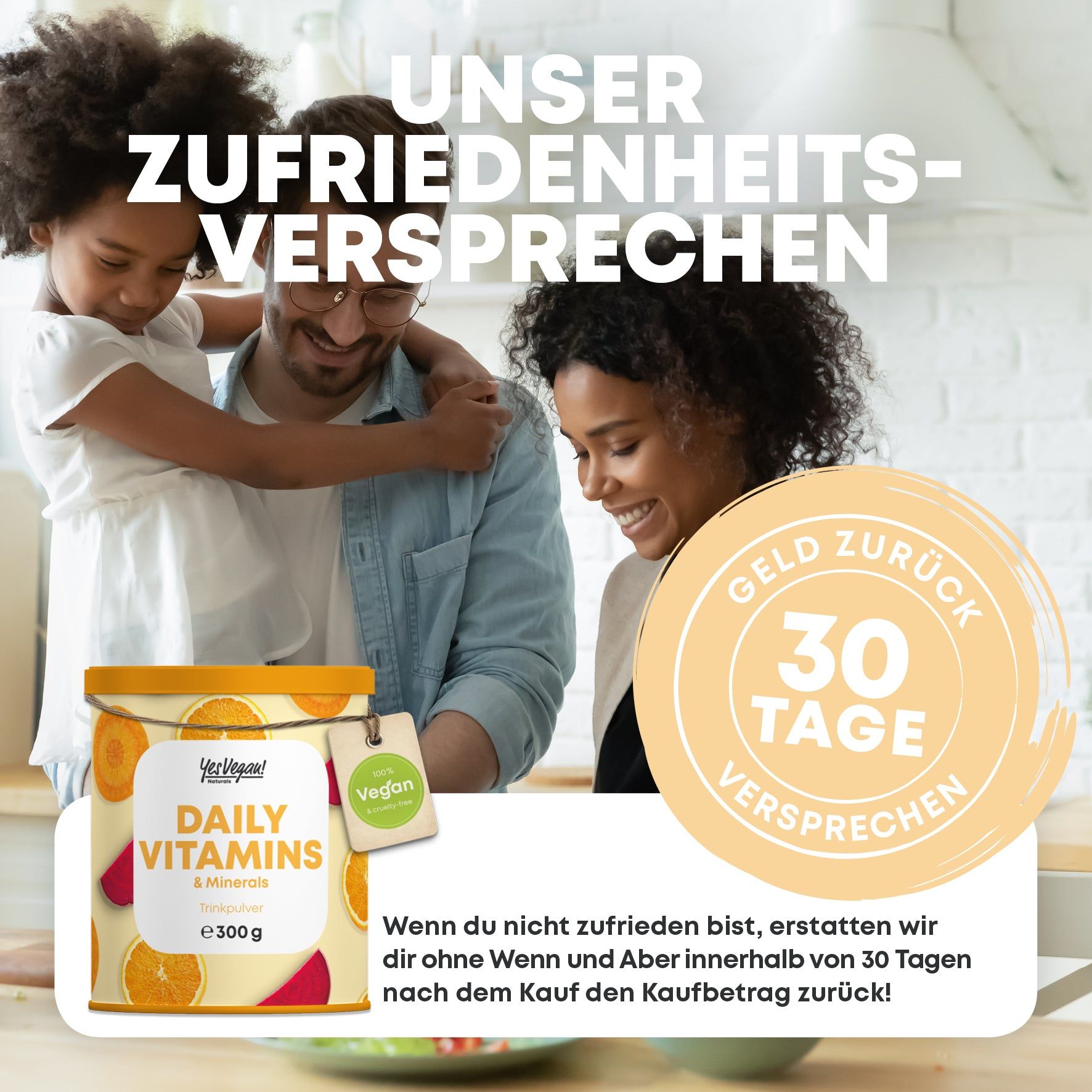 Familie in Küche. Dose "Daily Vitamins & Minerals" mit Etikett. 30 Tage Geld-zurück-Garantie.