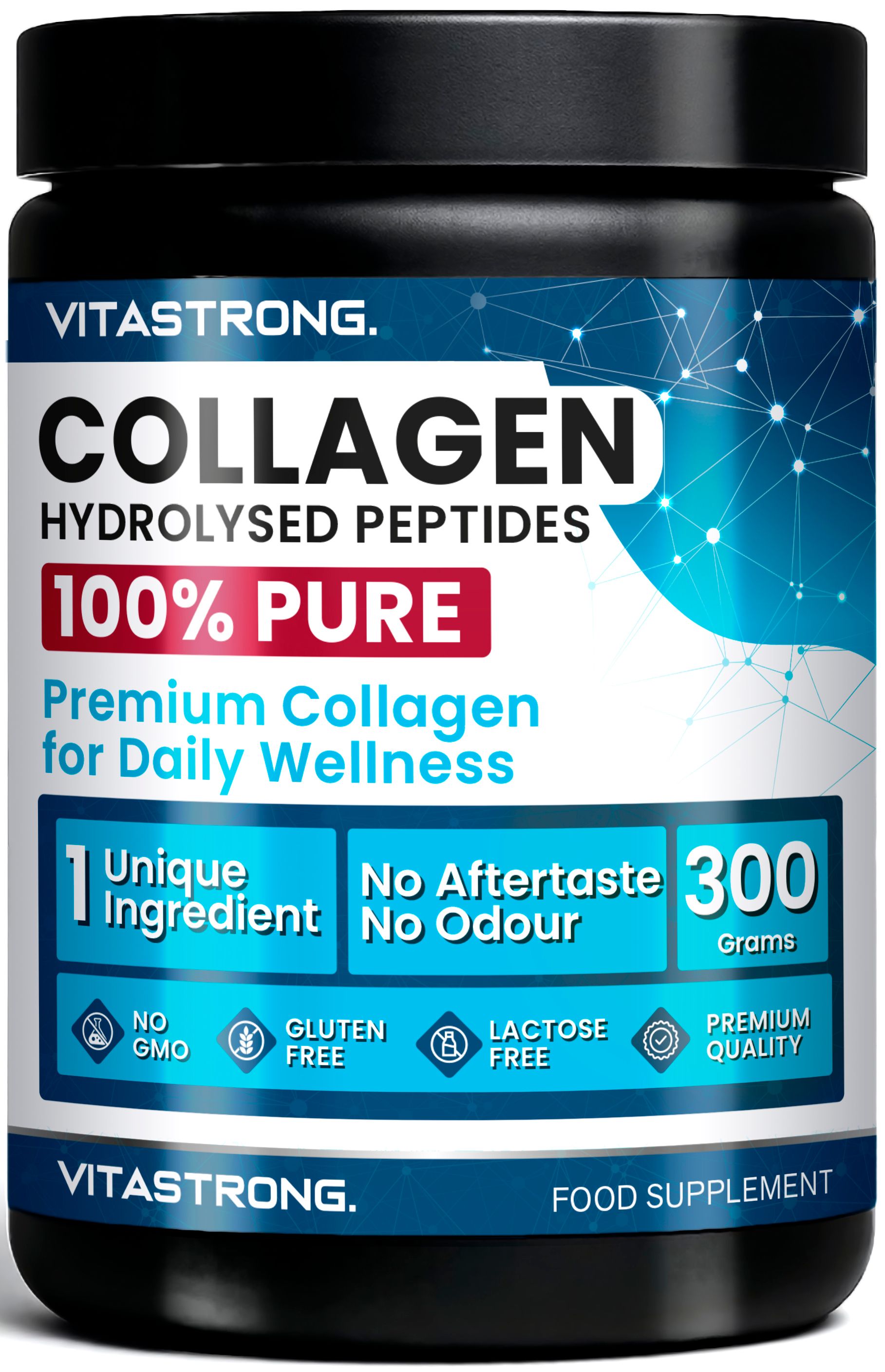 Vitastrong Kollagen Pulver Dose, 300g. Premium Kollagen für tägliches Wohlbefinden.