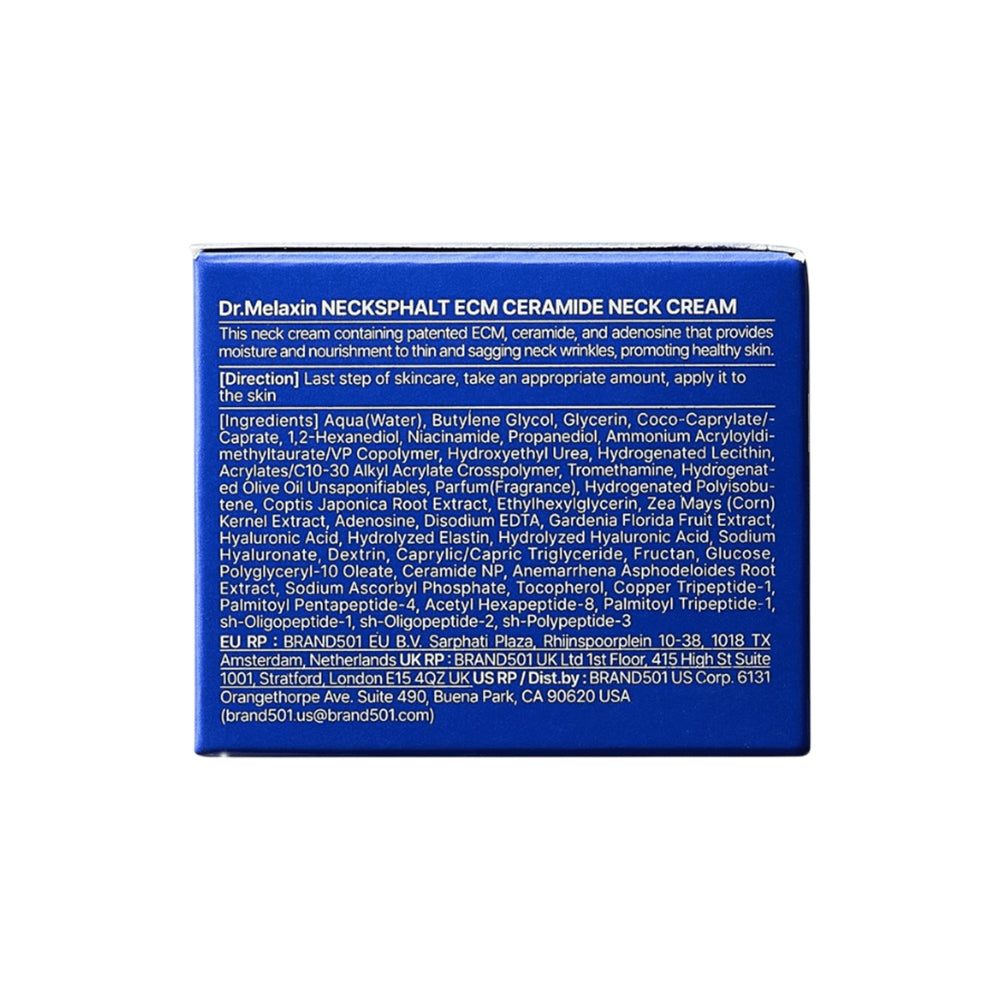 Rückseite der Dr. Melaxin Necksphalt ECM Ceramide Nackcreme Box mit Anweisungen und Inhaltsstoffen.