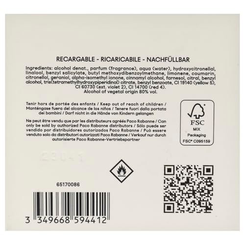 Rückseite der Verpackung. Text: Inhaltsstoffe, RECHARGEABLE, FSC-Logo, QR-Code, Warnhinweise. Herkunftsland: Frankreich.