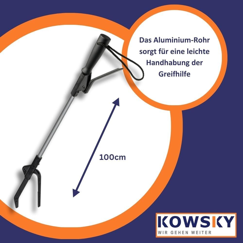 Greifhilfe, schwarz, mit Greifzange und Handgriff. Aluminium-Rohr. Länge: 100 cm. Text: KOWSKY, Wir gehen weiter.