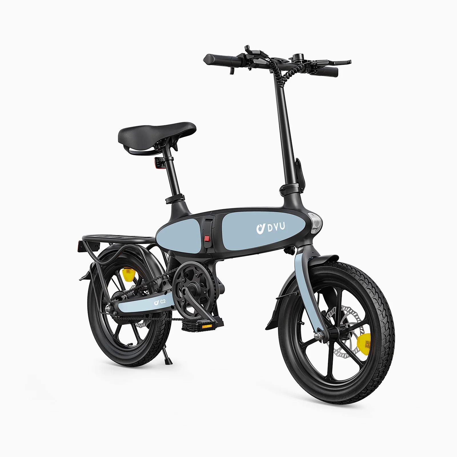 Faltbares E-Bike, hellblau-schwarz, mit DYU-Logo. Es hat einen Gepäckträger, Schutzbleche und gelbe Akzente an den Rädern.