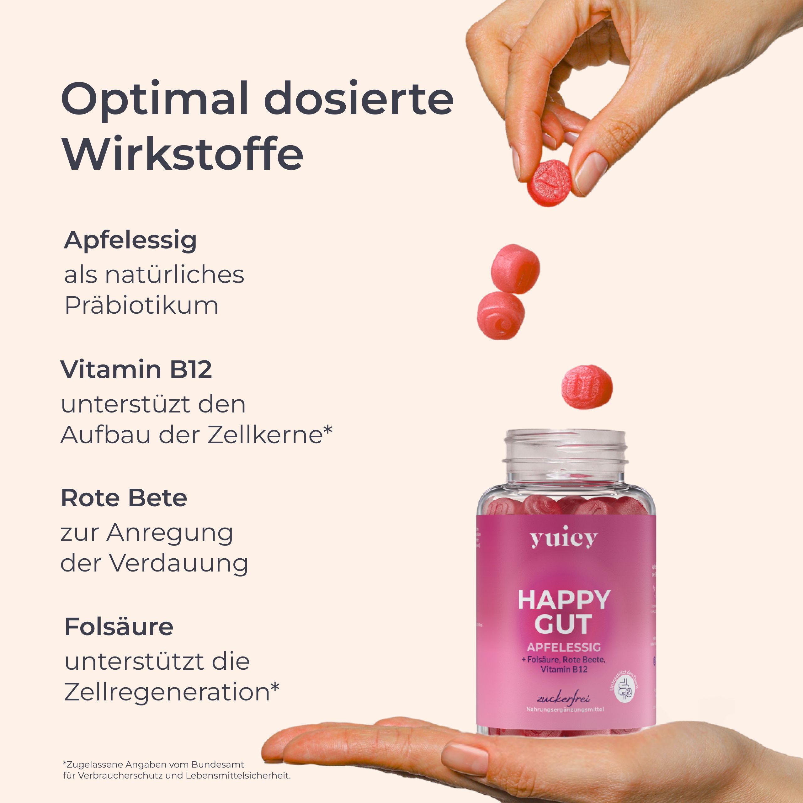Hände halten und fallen lassen Gummies. Flasche yuicy® Happy Gut Gummies. Text: Apfelessig, Vitamin B12, Rote Bete, Folsäure. Natürliches Präbiotikum.