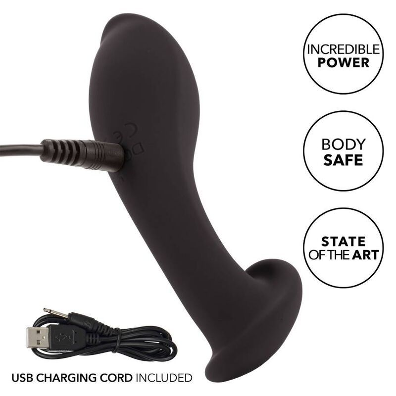 Schwarzes Analspielzeug mit Ladekabel. Text: USB-Ladekabel enthalten. Kreise: Incredible Power, Body Safe.