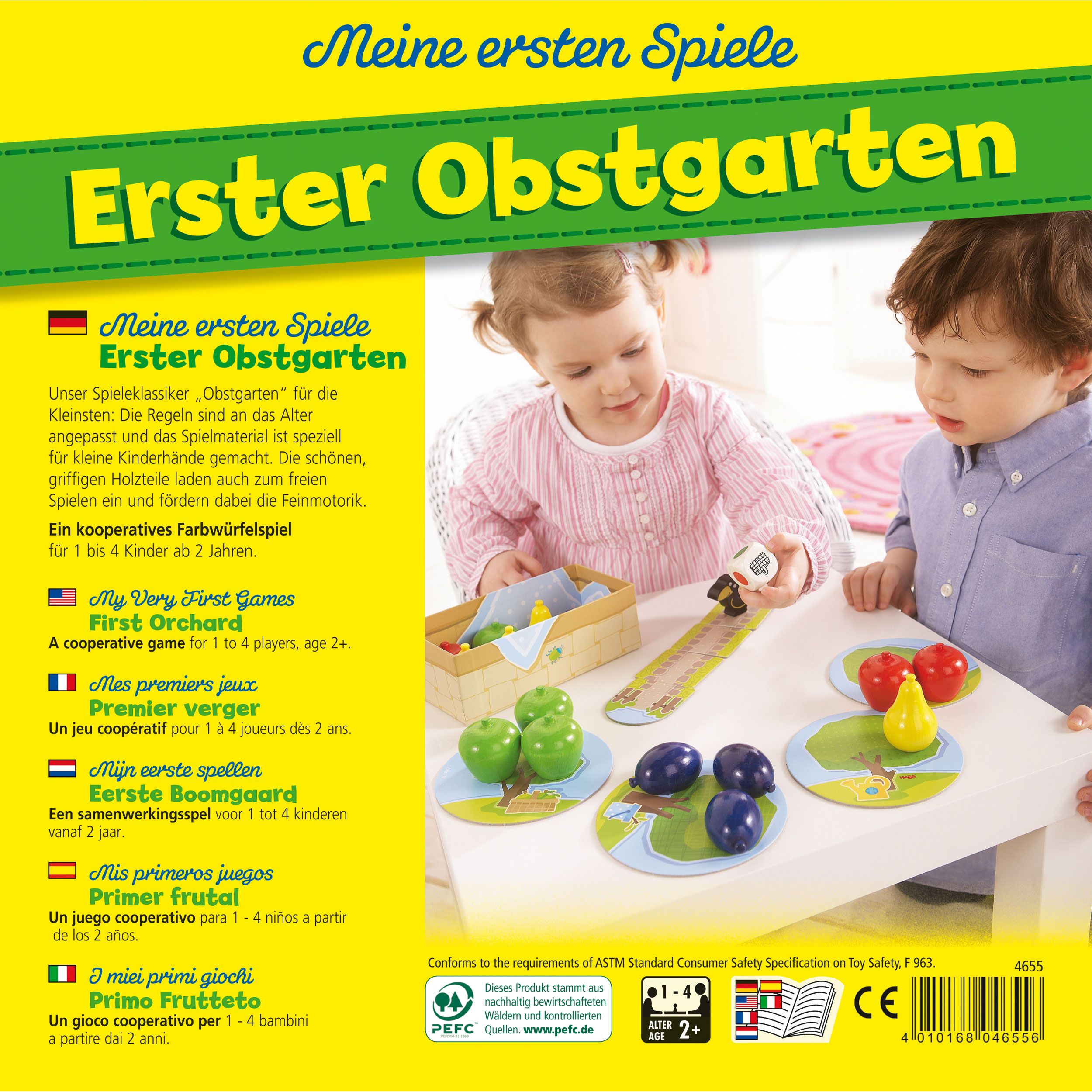 Rückseite der Spielverpackung. Text: Meine ersten Spiele, Erster Obstgarten. Spielanleitung in verschiedenen Sprachen. Kinder spielen das Spiel.