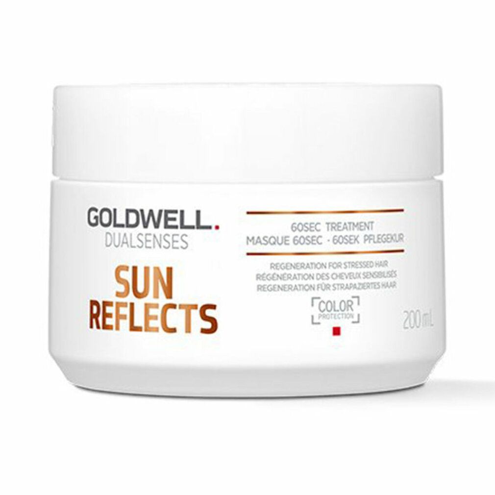 Weißer Tiegel mit Goldwell Dualsenses Sun Reflects. Aufschrift Sun Reflects, 60sec Treatment, Color Protection. 200ml.