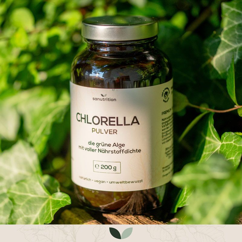 Braune Glasflasche mit silbernem Deckel, umgeben von grünen Blättern. Etikett mit "Chlorella Pulver". Text: "die grüne Alge mit voller Nährstoffdichte". 200g.