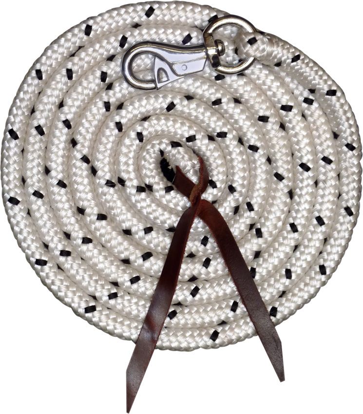 Weißes Bodenarbeitsseil mit schwarzen Punkten, Karabinerhaken und Lederriemen. Aufgerollt.