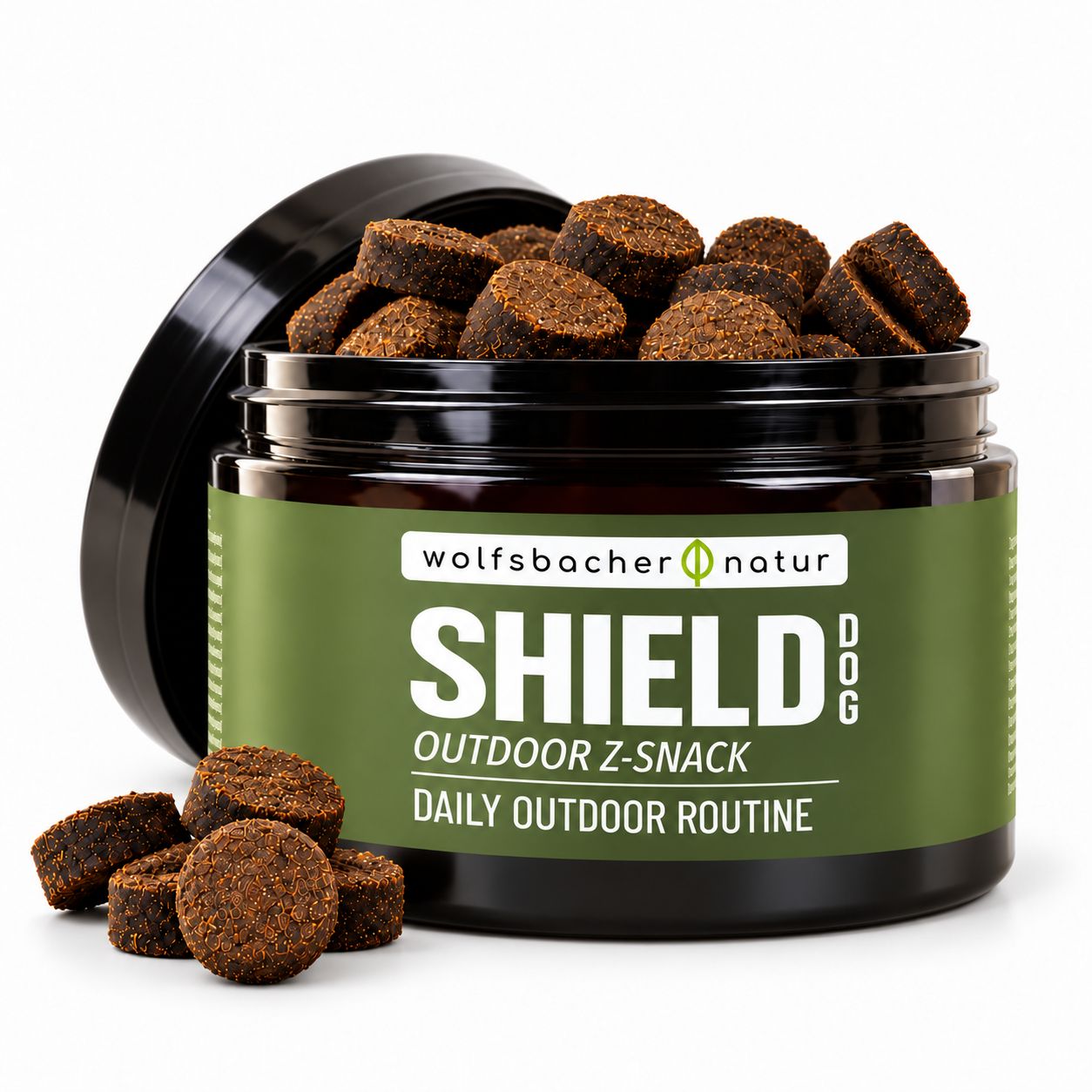 Wolfsbacher Natur: Shield Dog Outdoor Z-Snack. Tägliche Outdoor-Routine. Dose mit Snacks.