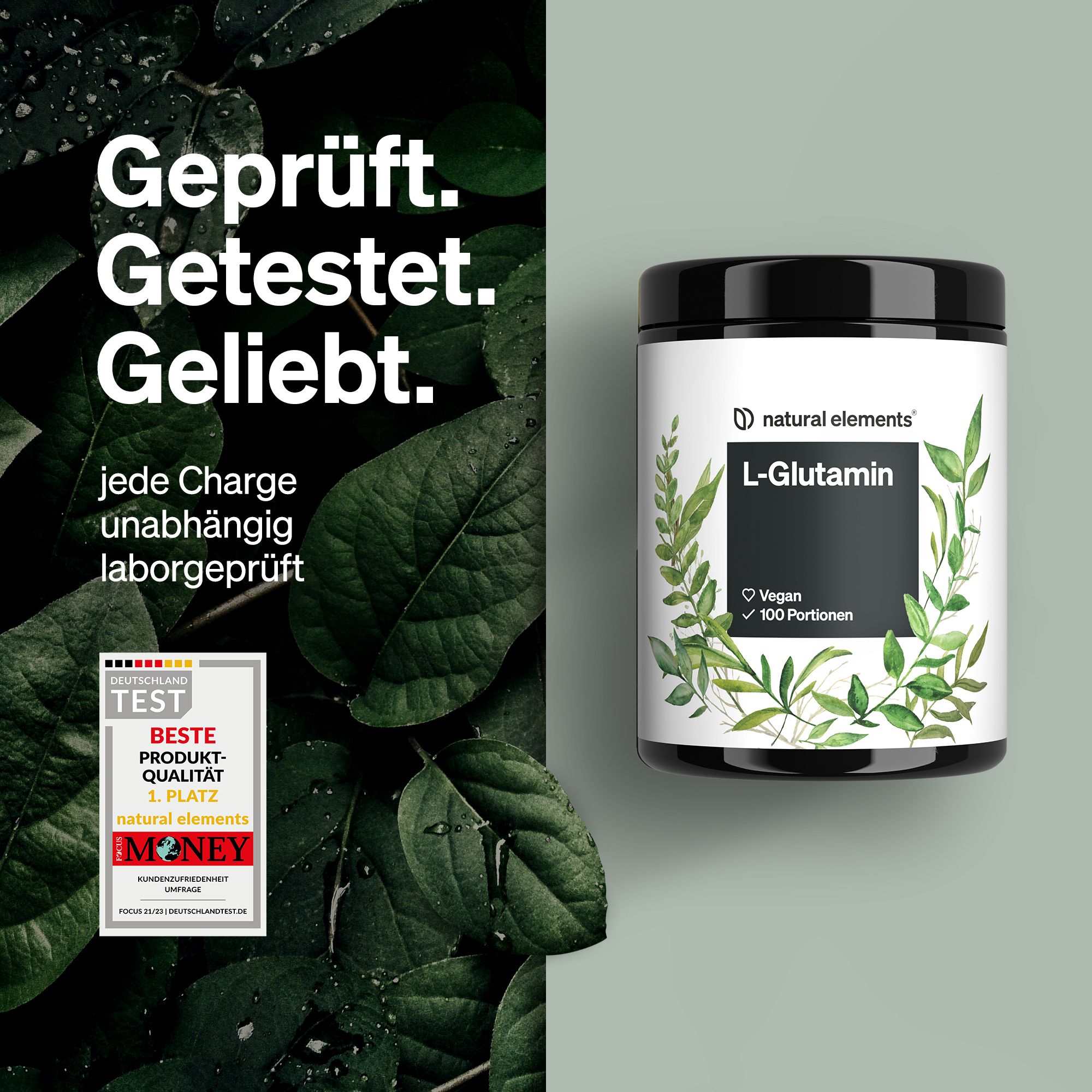 Schwarze Dose mit weißem Etikett. Aufschrift: L-Glutamin, natural elements. Vegan, 100 Portionen. Siegel: Getestet. Geliebt.