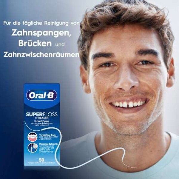 Oral-B Superfloss Threader Packung mit 50 Zahnseidenfäden. Vorderseite mit Produktmerkmalen und Anzahl.