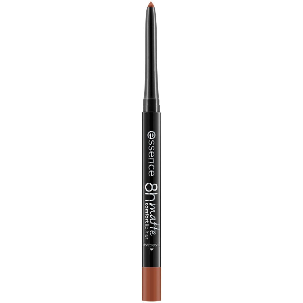 Lippenstiftstift mit brauner Spitze. Schwarzer Stift mit weißer Schrift: essence, 8h matte comfort liner.