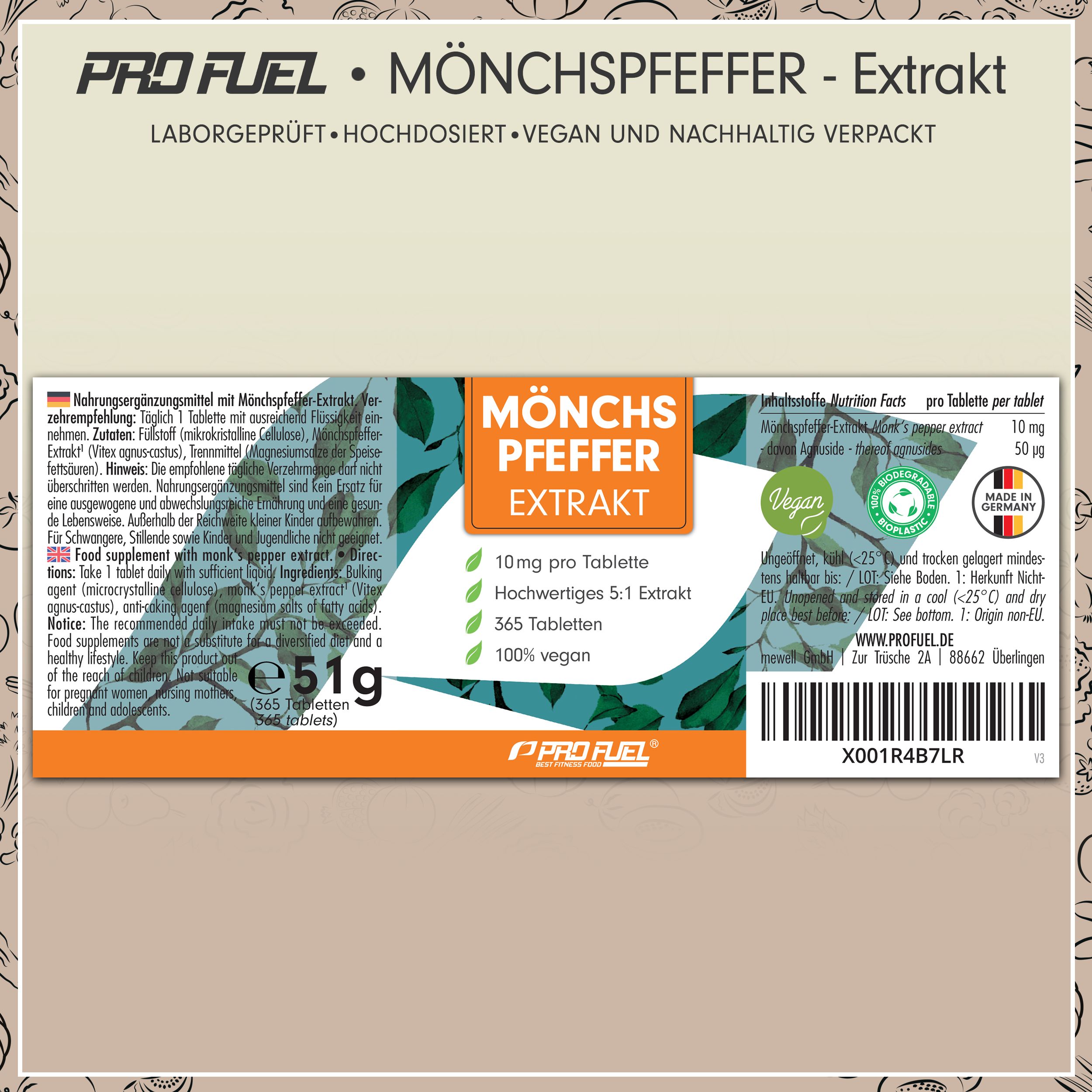 Etikett einer Flasche Mönchspfeffer Extrakt. 10mg pro Tablette, 365 Tabletten, 100% vegan. Made in Germany. Nährwertangaben.