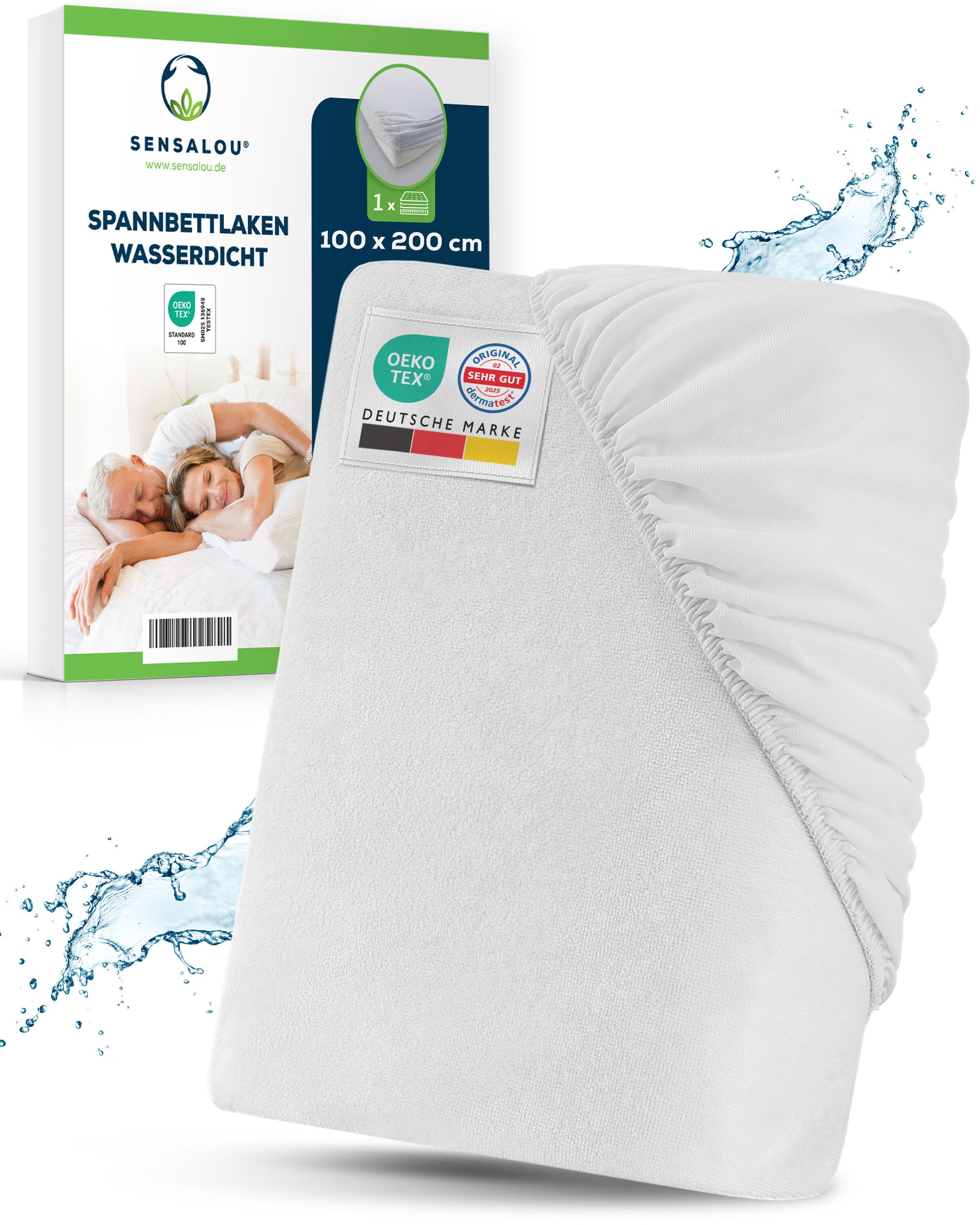 Weißes Spannbetttuch, wasserdicht, mit Verpackung. Oeko-Tex-Zertifizierung. Deutsche Marke. Größe: 100 x 200 cm.