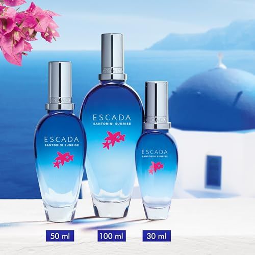 Drei Flaschen ESCADA SANTORINI SUNRISE. Größen: 50 ml, 100 ml, 30 ml. Aufschrift.