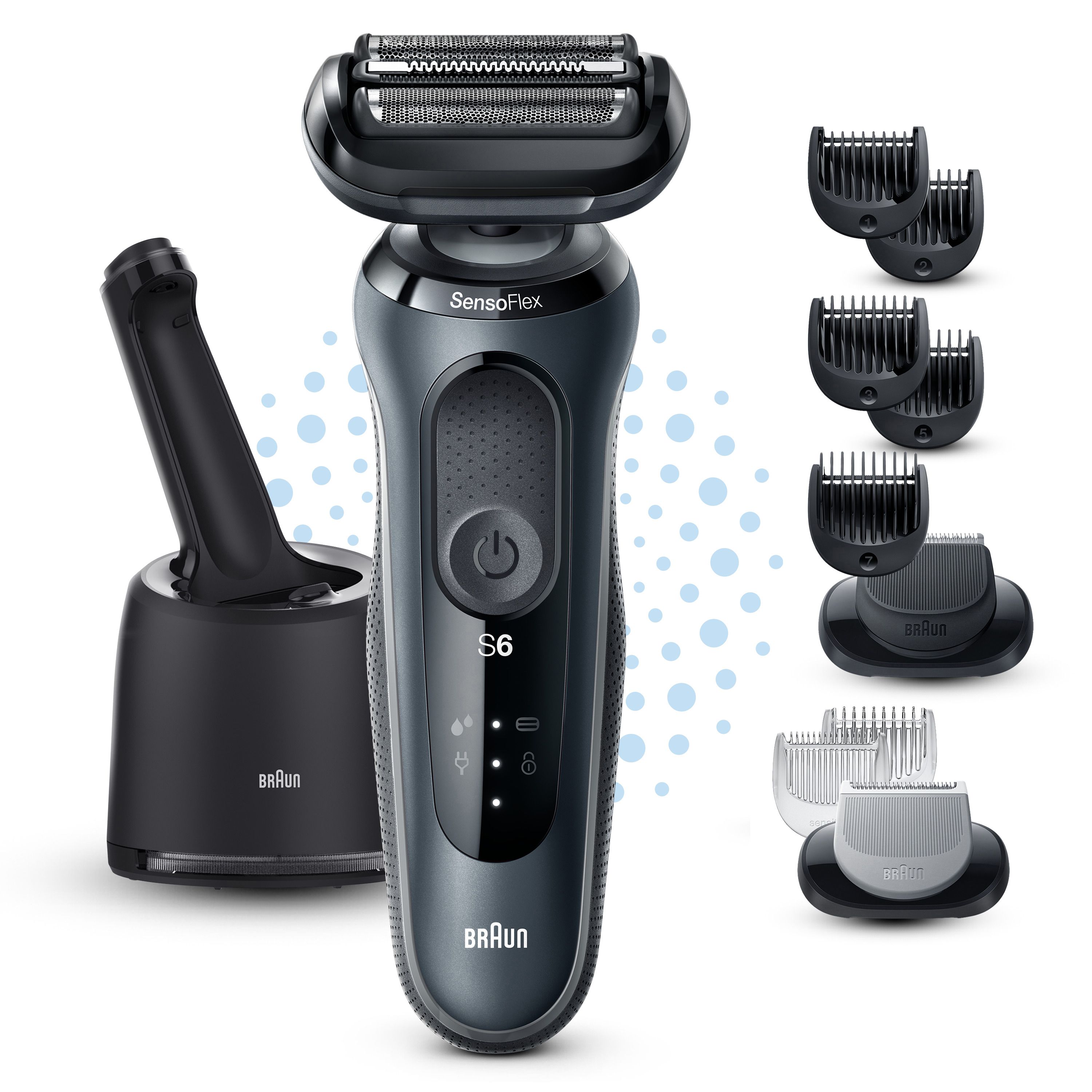 Braun Series 6 Rasierer, schwarz, mit Ladestation und Zubehör. Mehrere Aufsätze.