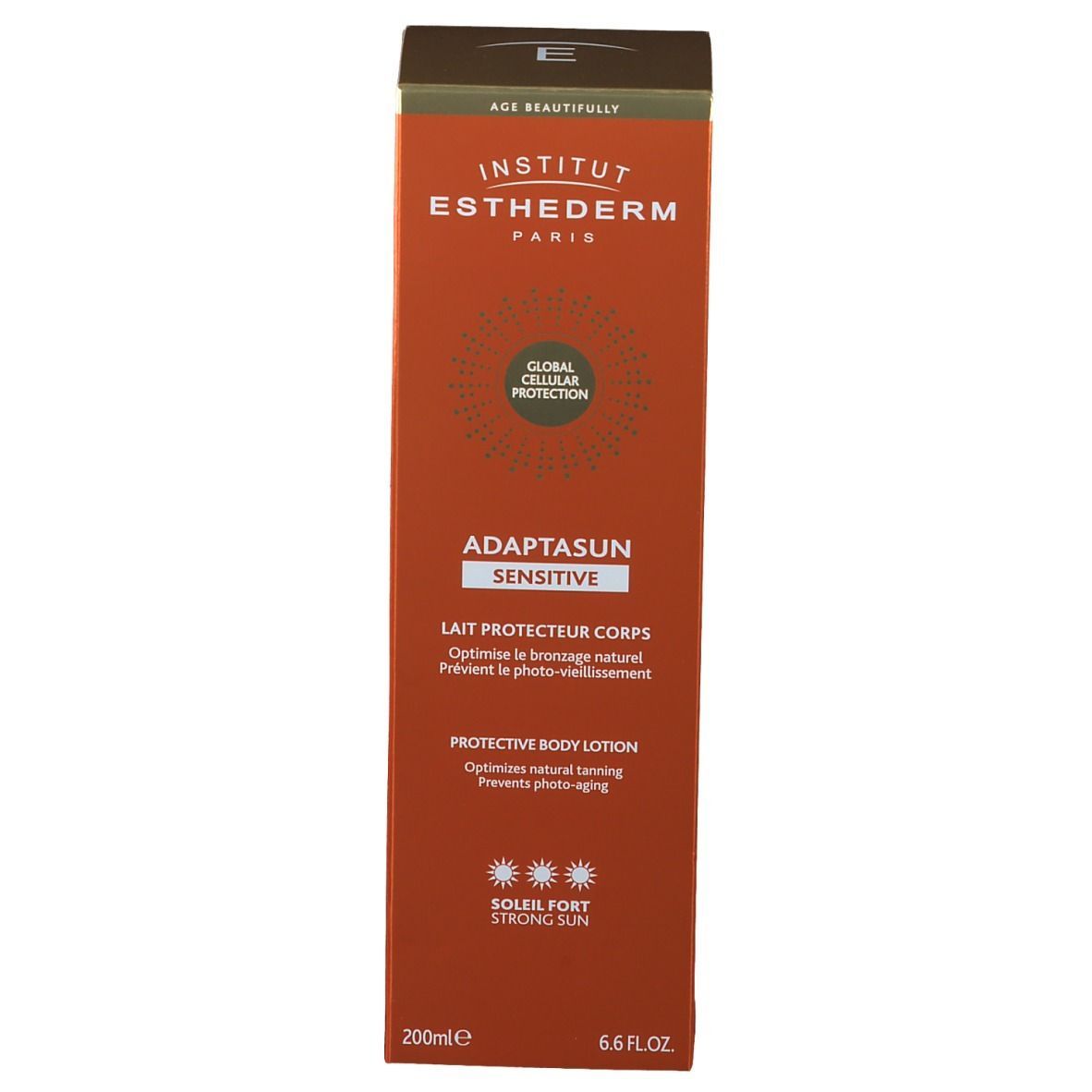 Orangefarbene Schachtel. Aufschrift: INSTITUT ESTHEDERM, Adaptasun Sensitive, Lait Protecteur Corps, Soleil Fort. 200ml. Logo Global Cellular Protection.